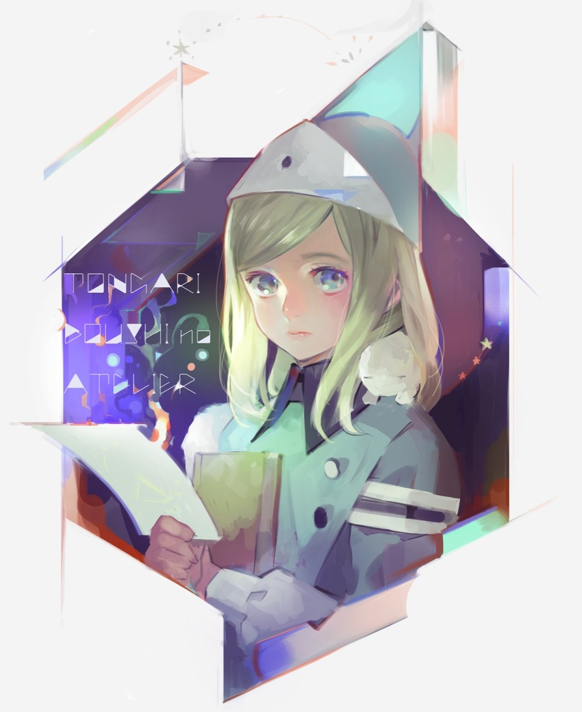 animal animal_on_shoulder blonde_hair blue_eyes book brushbug coco_(tongari_boushi_no_atelier) copyright_name female hat highres holding holding_book holding_paper long_hair looking_up nishihara_isao paper qifrey's_atelier_apprentice_uniform sleeping_animal solo tongari_boushi_no_atelier upper_body