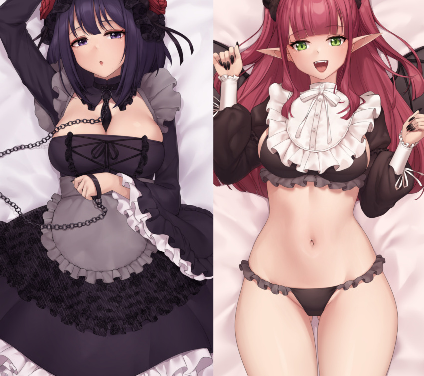 :d arm_up ass_visible_through_thighs bat_wings between_breasts black_hair black_nails black_necktie black_panties blunt_bangs breasts chains close-up collar commentary dakimakura_(medium) demon_girl dress fangs female fingernails flower frilled_panties frilled_sleeves frills gothic_lolita green_eyes hair_flower hair_ornament headdress highres horns iwbitu kuroe_shizuku large_breasts leash lolita_fashion long_fingernails long_hair long_sleeves looking_at_viewer lying multiple_views nail_polish navel necktie necktie_between_breasts on_back open_mouth panties pointy_ears purple_eyes red_hair rizu-kyun smile sono_bisque_doll_wa_koi_wo_suru stomach thigh_gap two_side_up underwear wide_sleeves wings