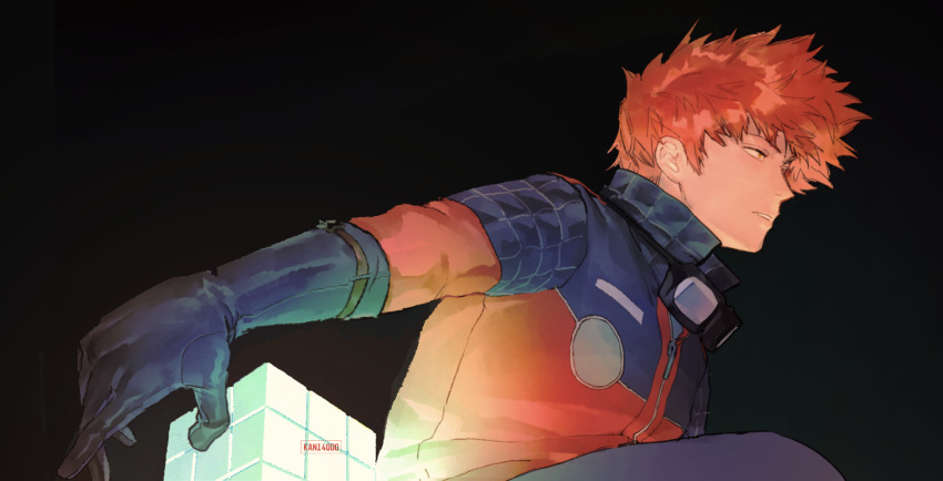 1boy black_background cube from_side gkrk89 glowing goggles goggles_around_neck highres ikoma_squad's_uniform jacket long_sleeves looking_away male_focus mizukami_satoshi_(world_trigger) orange_eyes orange_hair outstretched_arm popped_collar profile short_hair simple_background solo spiked_hair uniform upper_body world_trigger