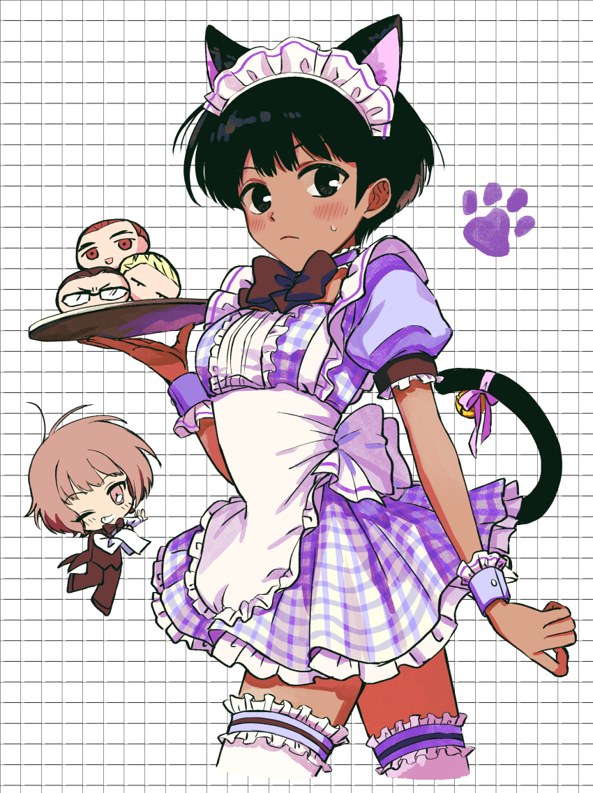 2girls absurdres animal_ears apron baburo back_bow bell blush bow bowtie breasts brown_bow brown_bowtie cat_ears cat_tail character_doll chibi cowboy_shot dark-skinned_female dark_skin dress fujimaru_nono garter_straps grin highres looking_at_viewer multiple_girls obishima_yukari one_eye_closed paw_print puffy_short_sleeves puffy_sleeves purple_dress purple_ribbon ribbon short_dress short_hair short_sleeves smile solo_focus tail tail_bell tail_ornament tail_ribbon thighhighs tray waist_apron waiter waitress white_apron white_background world_trigger wrist_cuffs