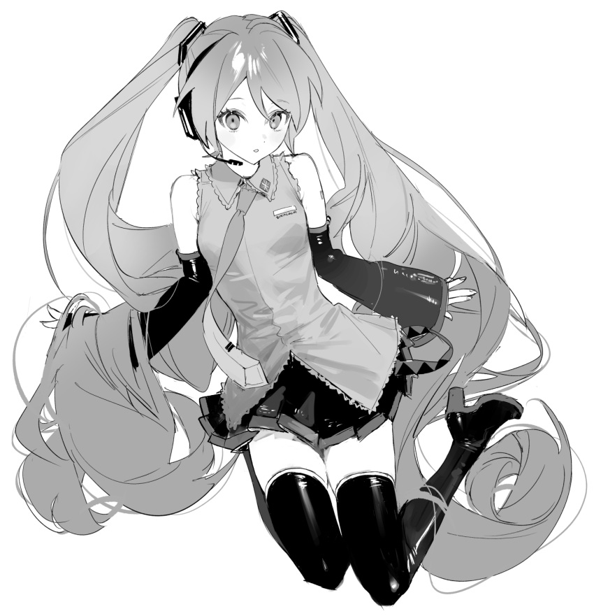 absurdly_long_hair bare_shoulders boots breasts collared_shirt commentary detached_sleeves female full_body greyscale hatsune_miku headset high_heel_boots high_heels highres long_hair looking_at_viewer microphone miniskirt monochrome naoko_(naonocoto) necktie parted_lips pleated_skirt shirt simple_background skirt sleeveless sleeveless_shirt small_breasts solo thigh_boots twintails very_long_hair vocaloid white_background