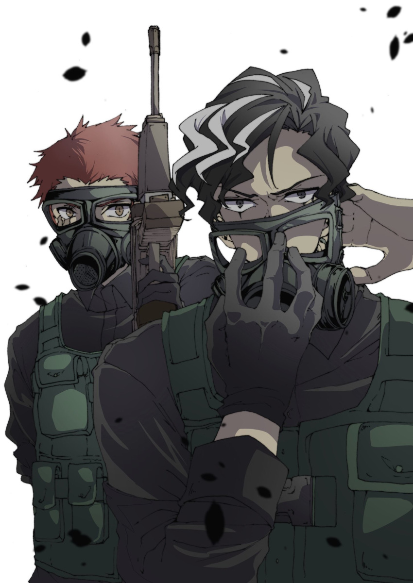 2boys arm_up black_gloves black_hair black_shirt brown_hair citrine_11 collar collared_shirt commentary_request gas_mask gloves green_vest grey_eyes gun highres holding holding_gun holding_mask holding_weapon long_sleeves looking_at_viewer lucas_(yakusoku_no_neverland) male_focus mask military military_uniform multicolored_hair multiple_boys partial_commentary pocket pouch scar scar_across_eye scar_on_face shaded_face shirt short_hair simple_background single_glove streaked_hair uniform upper_body vest weapon white_background white_hair yakusoku_no_neverland yellow_eyes yuugo_(yakusoku_no_neverland)