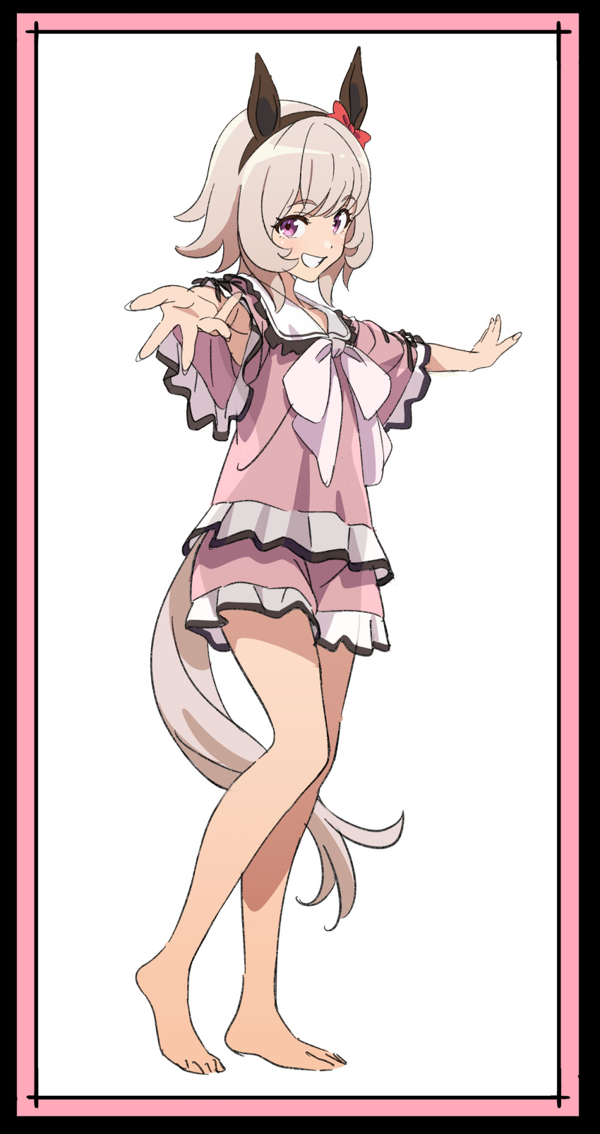 absurdres animal_ears commentary_request curren_chan_(umamusume) female full_body grin hair_ornament headband highres horse_ears horse_girl horse_tail lingerie looking_at_viewer medium_hair official_alternate_costume outstretched_arms pajamas purple_eyes see-through see-through_shirt see-through_silhouette shirt simple_background smile solo spread_arms standing tail umamusume umamusume:_road_to_the_top underwear white_background yamazaki_jun