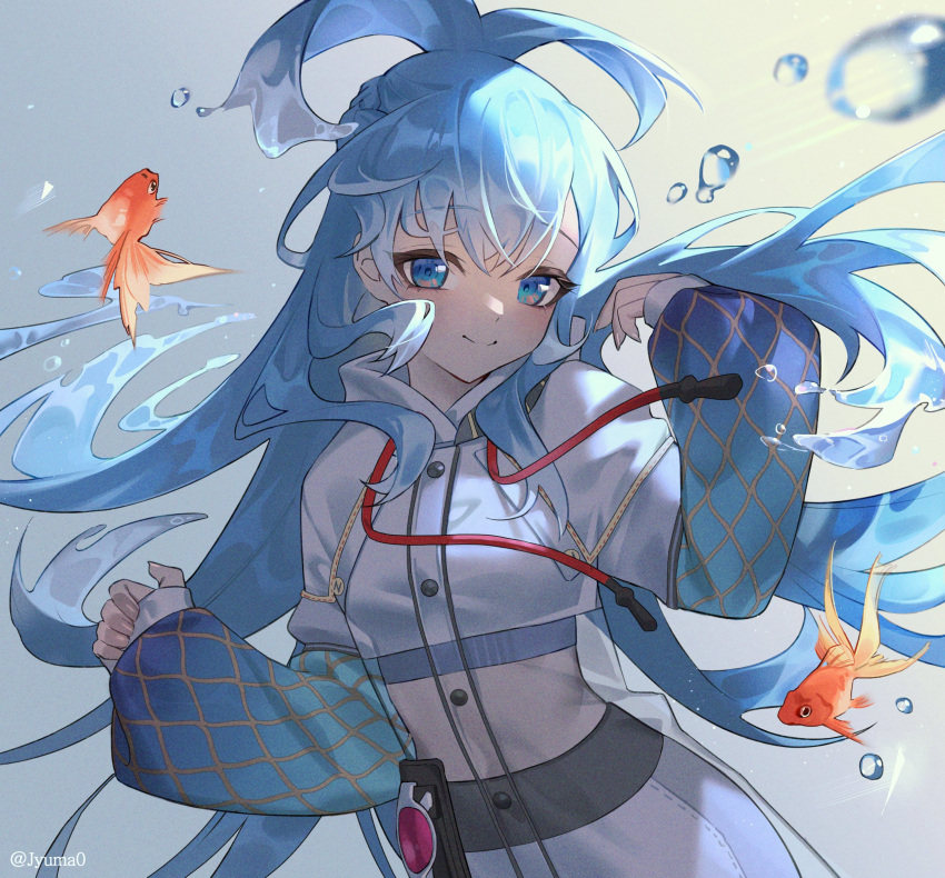 blue_eyes blue_hair breasts bubble crop_top cropped_jacket eyewear_hang female fish glasses goldfish highres hololive hololive_indonesia jacket jyuma kobo_kanaeru kobo_kanaeru_(1st_costume) liquid_hair long_hair long_sleeves looking_at_viewer midriff multicolored_hair raincoat see-through see-through_jacket sleeves_past_wrists streaked_hair two-tone_hair unworn_eyewear virtual_youtuber water white_hair white_jacket