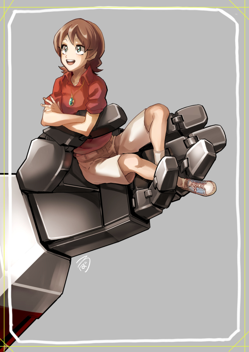 absurdres alexis_(transformers) bad_id bad_pixiv_id blue_footwear brown_hair crossed_arms female green_eyes highres in_palm looking_up medium_hair open_mouth red_shirt shirt shorts sizuku_73 solo starscream transformers transformers_armada transformers_unicron_trilogy white_shorts