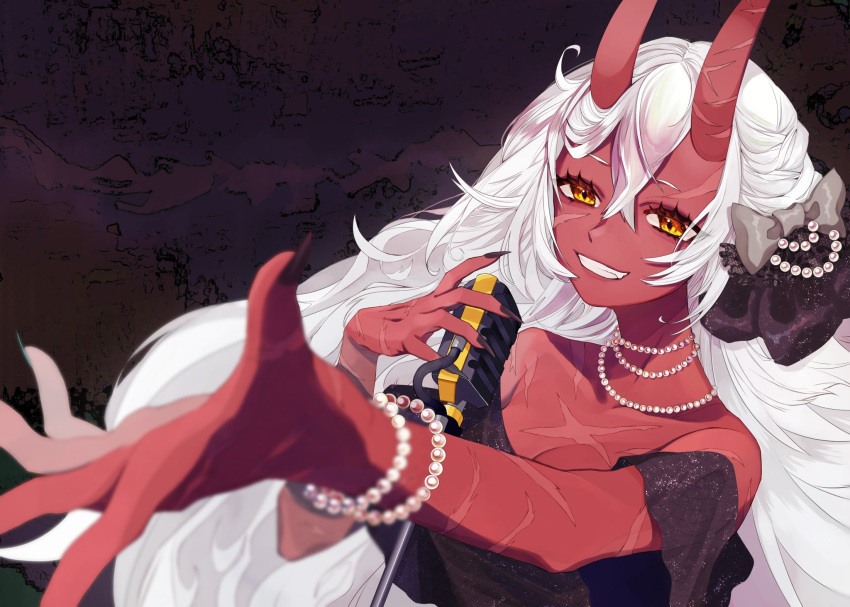 akumi_(yoclesh) bracelet colored_skin commentary_request female hair_between_eyes happy highres horns jewelry koe_01_03 long_hair microphone_stand necklace oerba_yun_fang oni oni_horns orange_eyes pearl_bracelet pearl_necklace red_horns red_oni red_skin scar scar_on_arm scar_on_cheek scar_on_chest scar_on_face scar_on_hand smile teeth virtual_youtuber vyugen white_hair