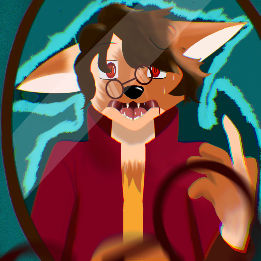 1:1 5_fingers ambiguous_gender anthro big_ears blood blood_from_mouth blood_in_mouth blue_background bodily_fluids brown_hair canid canine chromatic_aberration ck63 clothing curled_hair dream_smp ears_down eyewear fangs fingers first_person_view fox glasses hair half-length_portrait hi_res human human_to_anthro jacket looking_at_mirror looking_at_object mammal mid_transformation mirror neck_tuft one_hand_up open_mouth orange_hair pivoted_ears portrait red_clothing red_eyes red_topwear saliva saliva_string simple_background solo species_transformation surprise sweat teeth topwear transformation tuft wilbur_soot yellow_clothing yellow_topwear youtuber