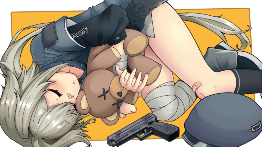 bandages bandaid bandaid_on_face bandaid_on_knee bandaid_on_leg bandaid_on_nose blush female girls'_frontline grey_hair gun handgun hat highres hs2000 hs2000_(girls'_frontline) long_hair nakiusagi sleeping solo stuffed_animal stuffed_toy teddy_bear unworn_hat unworn_headwear very_long_hair weapon