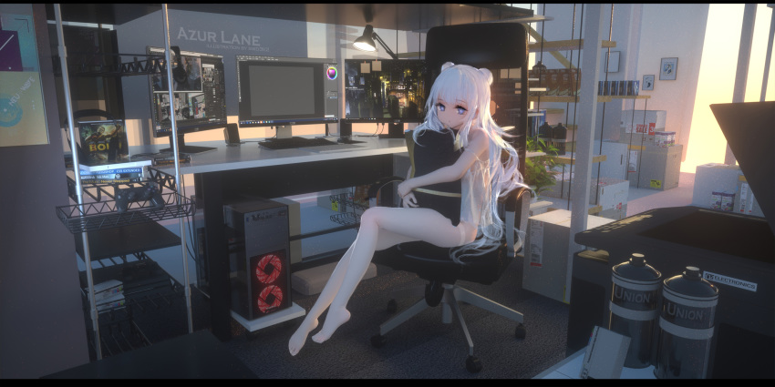 3d azur_lane bare_arms bare_shoulders blue_eyes canister chair computer copyright_name desk double_bun duplicate feet female hair_bun highres hugging_object indoors le_malin_(azur_lane) letterboxed lingerie long_hair looking_at_viewer monitor multiple_monitors office_chair photoshop_(medium) pillow pillow_hug pixel-perfect_duplicate plantar_flexion see-through sitting solo sunlight swd3e2 swivel_chair symbol-shaped_pupils thighhighs thighs underwear white_hair wide_shot