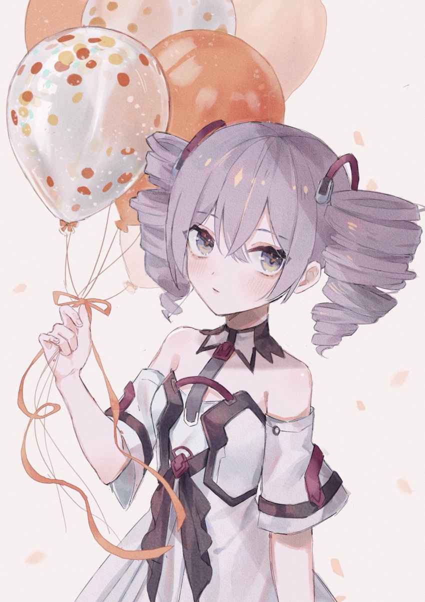 azuki_3693 bad_id bad_twitter_id balloon bare_shoulders breasts bronya_zaychik bronya_zaychik_(drive_kometa) bronya_zaychik_(yamabuki_armor) drill_hair female grey_hair hair_between_eyes hair_ornament highres honkai_(series) honkai_impact_3rd long_hair looking_at_viewer simple_background small_breasts solo twin_drills white_background