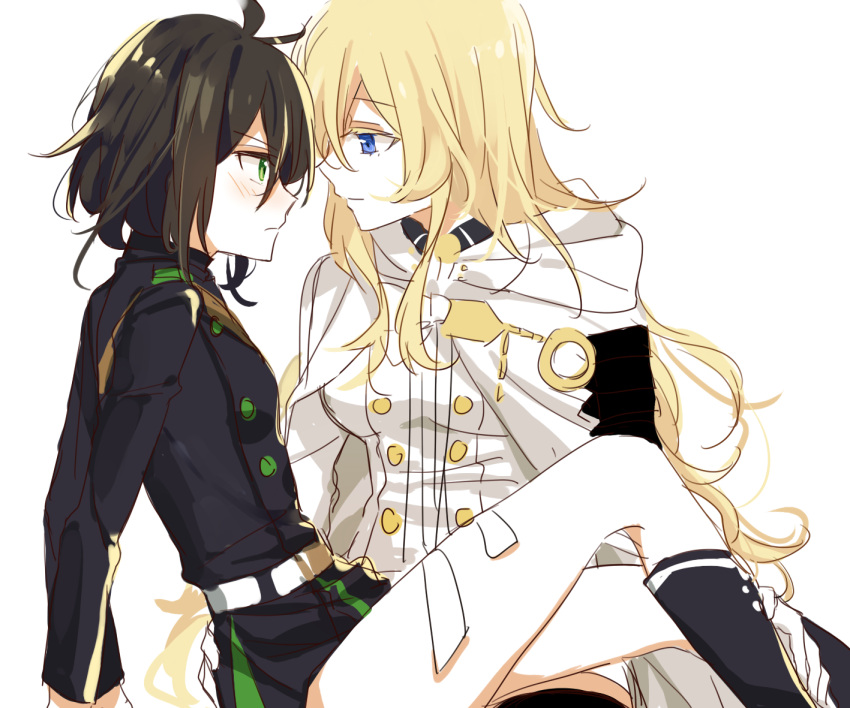 2girls black_hair blonde_hair blue_eyes blush buttons closed_mouth commentary genderswap_(mtf) green_eyes hyakuya_mikaela hyakuya_yuuichirou long_hair looking_at_another military military_uniform multiple_girls owari_no_seraph rule_63 short_hair uniform yuri zgxuke