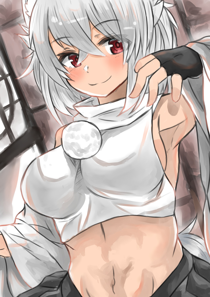 abs animal_ears bare_shoulders black_skirt blush breasts closed_mouth commentary_request crossed_bangs detached_sleeves female fingerless_gloves gloves grey_hair highres indoors inubashiri_momiji large_breasts looking_at_viewer midriff muscular muscular_female navel pom_pom_(clothes) red_eyes regua shirt short_hair skirt sleeveless sleeveless_shirt solo tail touhou turtleneck white_shirt wolf_ears wolf_tail