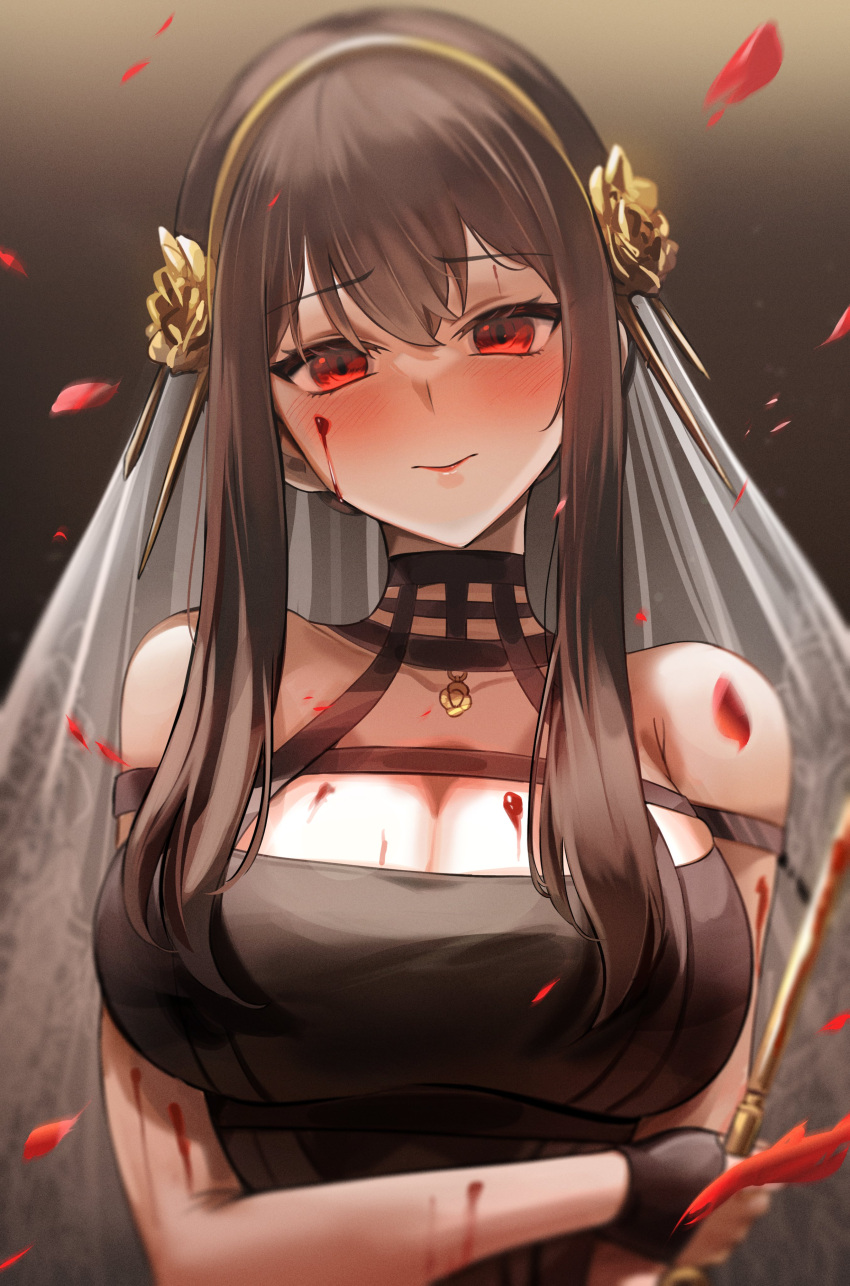 absurdres bare_shoulders black_dress blood blood_on_face blush breasts brown_hair dress female hair_ornament highres holding holding_own_arm holding_weapon jewelry knife large_breasts long_hair looking_at_viewer red_eyes ring solo spy_x_family upper_body veil weapon wedding_ring yor_briar yuki_(asayuki101)