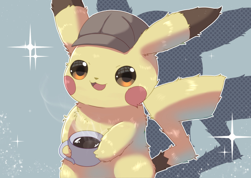 2020 :3 ambiguous_gender beverage big_head brown_eyes clothing coffee container cup detective_pikachu dipstick_ears ear_markings eye_reflection fur generation_1_pokemon glistening glistening_body glistening_eyes glistening_fur grey_background hat hat_only headgear headgear_only headwear headwear_only hi_res holding_beverage holding_container holding_cup holding_object looking_at_viewer mostly_nude multicolored_ears nekomimi360 nintendo open_mouth open_smile outline pikachu pokemon pokemon_(species) pokemon_detective_pikachu reflection shadow simple_background smile solo sparkles standing steam yellow_body yellow_fur