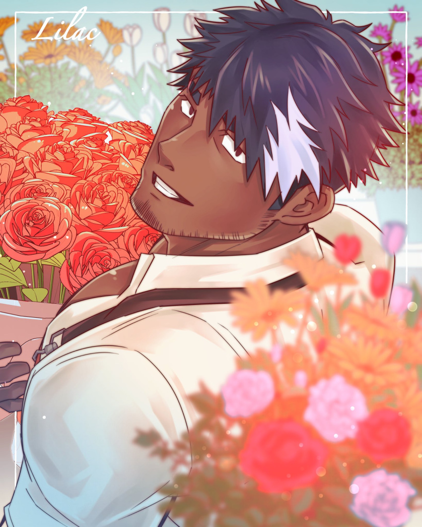 1boy apron blurry bouquet dark-skinned_male dark_skin depth_of_field ex65679708 facial_hair flower from_above gloves hair_between_eyes hair_over_one_eye highres holding holding_bouquet lilac_(live_a_hero) live_a_hero looking_at_viewer looking_back male_focus multicolored_hair pectorals red_flower red_rose rose shirt short_hair smile solo stubble tan thick_eyebrows