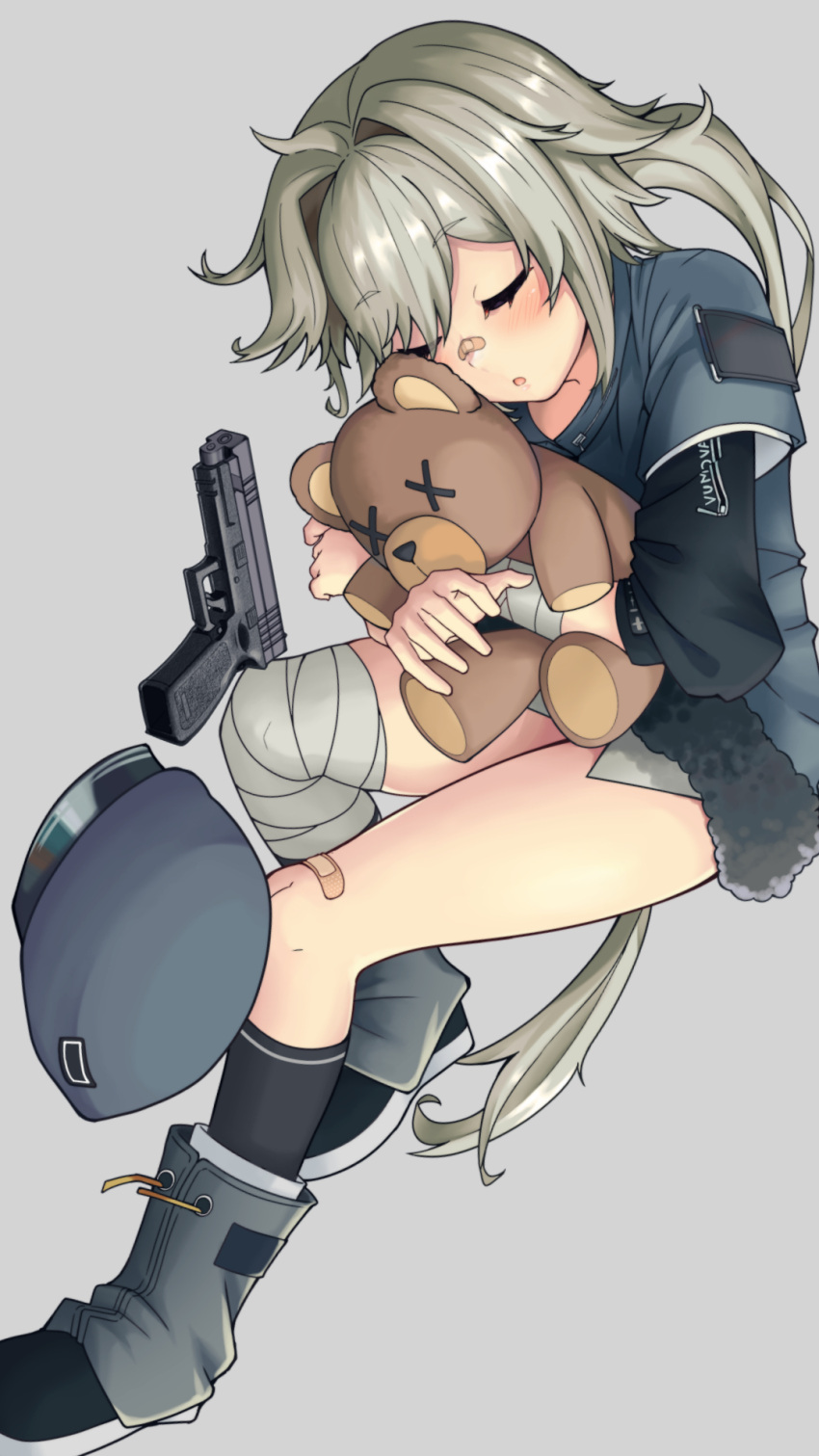 bandages bandaid bandaid_on_face bandaid_on_knee bandaid_on_leg bandaid_on_nose blush female girls'_frontline grey_hair gun handgun hat highres hs2000 hs2000_(girls'_frontline) long_hair nakiusagi sleeping solo stuffed_animal stuffed_toy teddy_bear unworn_hat unworn_headwear very_long_hair weapon