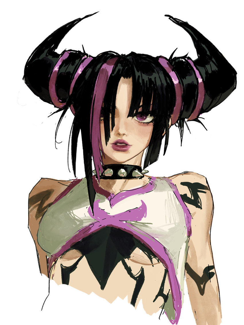 absurdres alternate_hairstyle black_hair body_markings breasts collar edpan female hair_horns highres juri_han lipstick makeup medium_breasts medium_hair parted_lips purple_eyes purple_lips simple_background solo spiked_collar spikes street_fighter street_fighter_6 underboob upper_body white_background