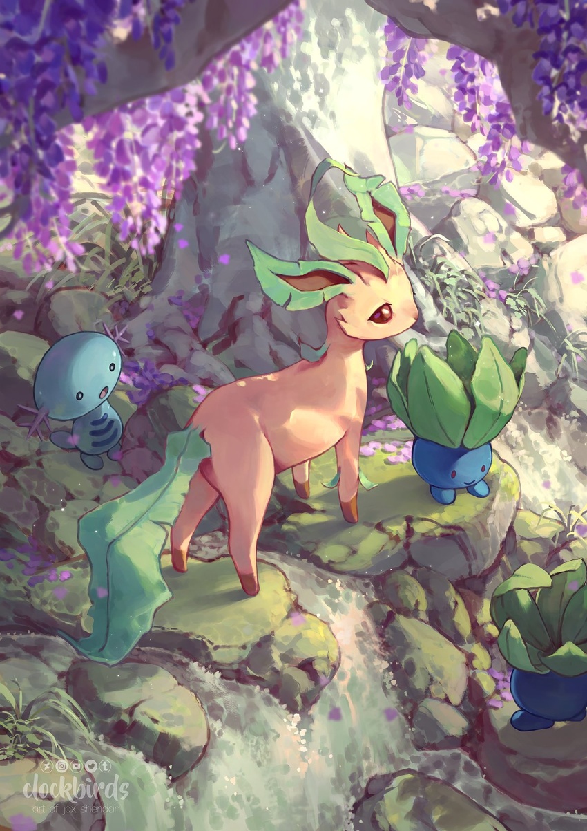 artist_name clockbirds day flower highres leafeon moss nature no_humans oddish outdoors plant pokemon pokemon_(creature) purple_flower rock tree water waterfall watermark wisteria wooper