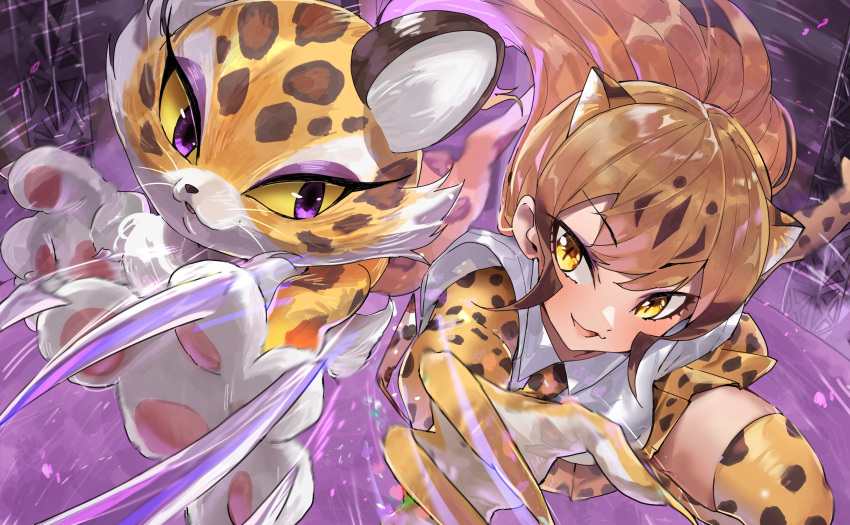 2girls animal_ears animal_hands animal_nose attack black_fur blonde_hair body_fur brown_fur brown_hair cheetah_(kemono_friends) cheetah_ears cheetah_girl cheetah_print clawroline claws colored_inner_hair colored_sclera commentary_request crossover elbow_gloves extra_ears fingernails fisheye floating_hair furry furry_female gloves hakoneko_(marisa19899200) highres incoming_attack kemono_friends kirby_(series) kirby_and_the_forgotten_land long_hair looking_at_viewer miniskirt multicolored_hair multiple_girls necktie orange_fur parted_lips print_gloves print_necktie print_skirt print_thighhighs purple_eyes sharp_fingernails shirt short_sleeves side-by-side skirt slit_pupils smile snout species_connection spotted_hair thighhighs trait_connection tsurime v-shaped_eyebrows whiskers white_shirt yellow_eyes yellow_fur yellow_sclera zettai_ryouiki