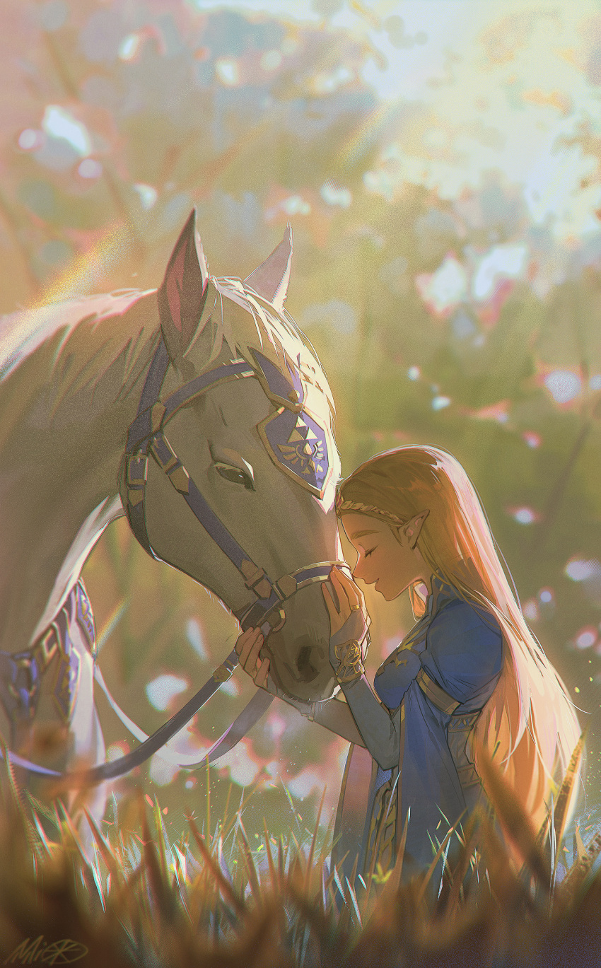 absurdres alzi_xiaomi animal blonde_hair blue_dress blurry bridal_gauntlets circlet closed_eyes day depth_of_field dress female from_side grass highres horse lens_flare long_hair long_sleeves outdoors parted_lips petting pointy_ears princess_zelda profile smile solo straight_hair sunlight the_legend_of_zelda the_legend_of_zelda:_breath_of_the_wild upper_body very_long_hair