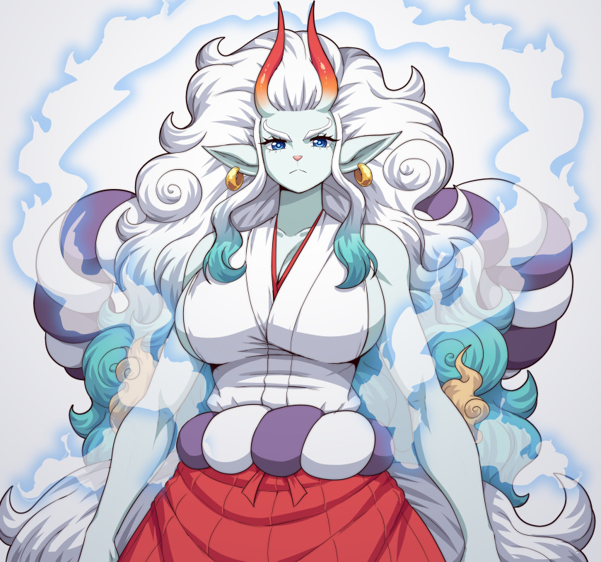 2023 :< absurd_res anthro anthrofied asian_mythology belt big_breasts big_hair biped blue_eyes blue_fire blue_hair bottomwear breasts cleavage clothed clothing colored colored_fire demon digital_media_(artwork) ear_piercing ear_ring east_asian_mythology elemental_manipulation eyelashes female female_anthro fire fire_manipulation front_view frown fully_clothed fur glistening glistening_eyes hair half-length_portrait hi_res horn huge_breasts japanese_mythology long_hair looking_at_viewer magic mammal monotone_body monotone_fur multicolored_hair mythology one_piece oni piercing pink_nose portrait pupils red_bottomwear red_clothing red_horn red_skirt ring_piercing shaded shirt simmsy simple_background skirt solo standing topwear two_tone_hair wavy_hair white_background white_body white_clothing white_ears white_fire white_fur white_hair white_inner_ear white_pupils white_shirt white_topwear yamato_(one_piece) yokai