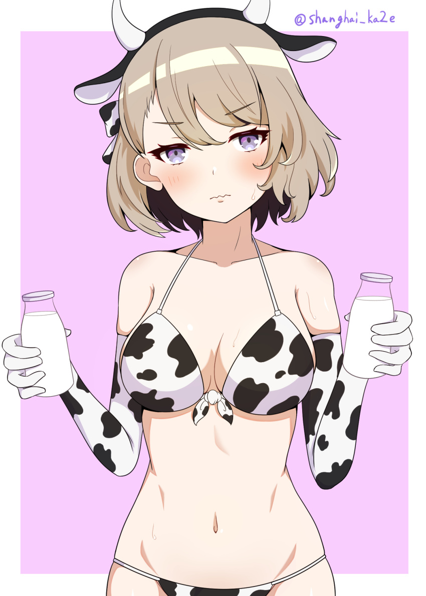 animal_ears animal_print azur_lane bikini blonde_hair blush bottle breasts closed_mouth collarbone cow_ears cow_horns cow_print cow_print_bikini elbow_gloves female gloves highres horns large_breasts looking_at_viewer milk milk_bottle navel print_bikini print_gloves purple_eyes shanghai_kani short_hair solo stomach swimsuit twitter_username upper_body z23_(azur_lane)