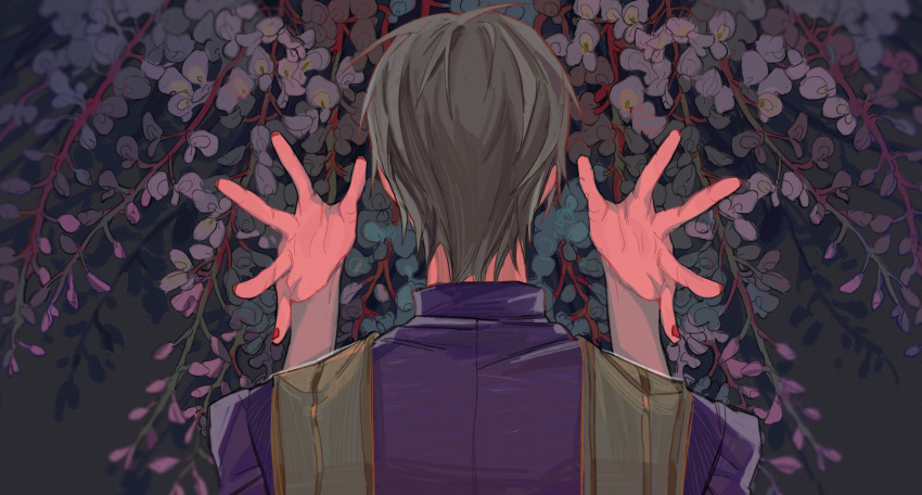 1boy absurdres facing_away flower from_behind grey_hair heshikiri_hasebe highres male_focus portrait reaching reaching_towards_viewer red_nails short_hair solo_focus spo2reducing touken_ranbu