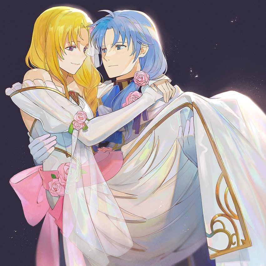 1boy blonde_hair blue_eyes braid bridal_gauntlets bridal_veil bride carrying collarbone couple dress elbow_gloves feather_trim female fire_emblem fire_emblem:_the_blazing_blade fire_emblem_heroes flower gloves grey_hair groom hair_flower hair_ornament highres hug husband_and_wife kyufe long_hair long_sleeves looking_at_another louise_(bridal)_(fire_emblem) louise_(fire_emblem) pent_(fire_emblem) pent_(groom)_(fire_emblem) princess_carry purple_eyes side_braid simple_background single_braid smile straight strapless strapless_dress veil wedding_dress white_dress