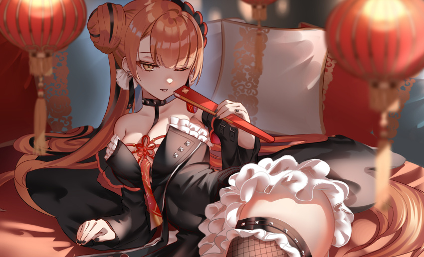 arm_support bare_shoulders bellona_(epic_seven) black_dress black_nails blurry blurry_foreground breasts cleavage detached_sleeves dress earrings epic_seven female fishnet_thighhighs fishnets frilled_dress frills hand_fan highres holding holding_fan jewelry lantern lone_crescent_bellona_(epic_seven) long_hair looking_at_viewer lucy_(rusi-juren328) lying on_bed on_side one_eye_closed orange_hair paper_lantern sleeveless sleeveless_dress solo thighhighs very_long_hair yellow_eyes