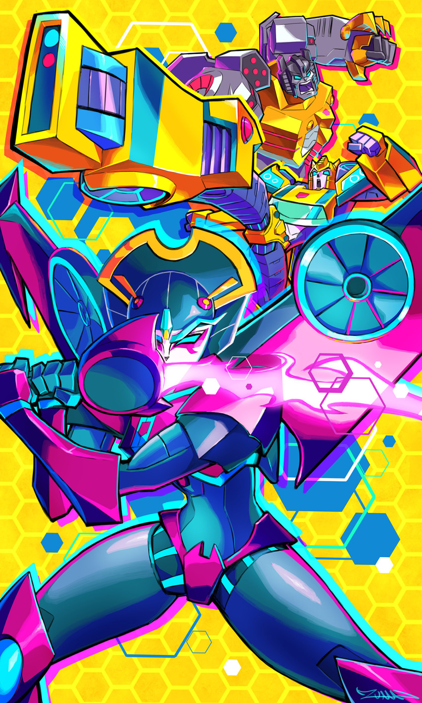 2boys autobot blue_eyes bumblebee_(transformers) clenched_hands commentary energy_sword female fighting_stance grimlock highres humanoid_robot kicking mecha mechanical_wings mixed-language_commentary multiple_boys one_eye_covered open_mouth photoshop_(medium) robot robot_girl shouting sword transformers transformers_cyberverse v-shaped_eyebrows weapon windblade wings yasukuni_kazumasa