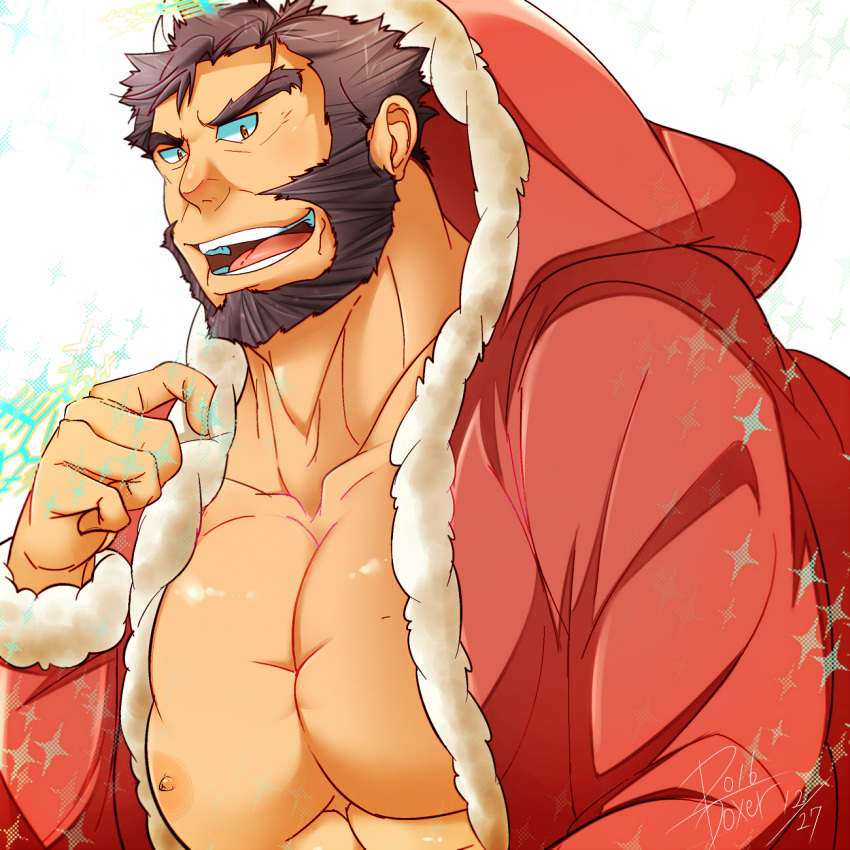 1boy bara bare_pectorals beard cigar ded_(housamo) facial_hair forked_eyebrows fur-trimmed_jacket fur_trim highres hood hood_up jacket large_pectorals male_focus mature_male muscular muscular_male nipple_slip nipples pants_boxer pectorals red_jacket santa_costume short_hair smile solo tokyo_afterschool_summoners upper_body