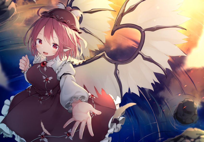 absurdres animal_ears bird_ears bird_wings blush breasts brown_dress brown_hat commentary_request dress feathered_wings female from_above hat highres large_breasts long_sleeves looking_at_viewer mamemochi mystia_lorelei open_mouth red_eyes red_hair short_hair solo touhou water wings