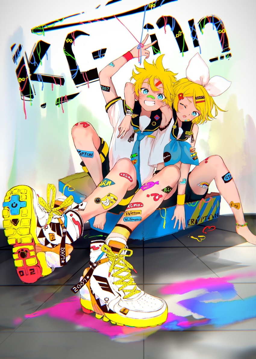 1boy ;o acronym ankle_strap arm_around_neck armpits arrow_through_heart ascot asymmetrical_footwear banana bandaid bandaid_on_arm bandaid_on_face bandaid_on_forehead bandaid_on_knee bandaid_on_leg bandaid_on_nose barefoot bass_clef between_legs blonde_hair blue_eyes blue_neckwear bow brother_and_sister commentary crop_top crypton_future_media decora female food foreshortening fruit grin hair_ornament hairbow hairclip hand_between_legs highres hug kagamine_len kagamine_rin letter_hair_ornament logo looking_at_viewer necktie one_eye_closed open_mouth oyamada_gamata paint_splatter ribbon sailor_collar shirt shoes short_sleeves shorts siblings sitting sleeveless sleeveless_shirt smile sneakers sticker symbol-only_commentary tie_clip treble_clef twins urban vocaloid wrist_ribbon wristband