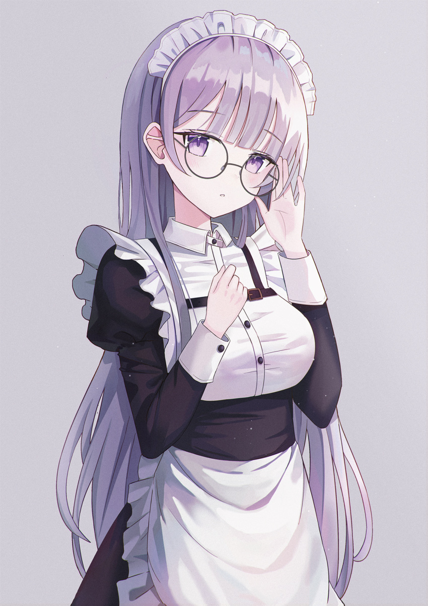 adjusting_eyewear apron bad_id bad_pixiv_id black-framed_eyewear black_dress blush breasts collared_shirt dress dress_shirt female glasses grey_background grey_hair hand_up highres iren_lovel juliet_sleeves long_hair long_sleeves maid maid_headdress medium_breasts original parted_lips photoshop_(medium) puffy_sleeves purple_eyes revision round_eyewear shirt simple_background solo very_long_hair waist_apron white_apron white_shirt