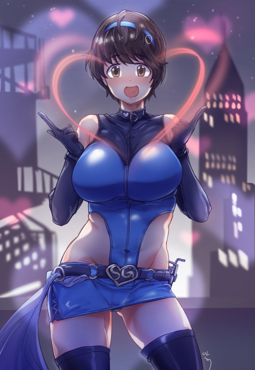 :d aningay belt black_gloves black_thighhighs blue_hairband blue_leotard blue_skirt blush breasts brown_eyes brown_hair commentary covered_navel cowboy_shot curvy elbow_gloves female gloves hairband heart highleg highleg_leotard highres idolmaster idolmaster_cinderella_girls large_breasts leotard looking_at_viewer miniskirt oikawa_shizuku open_mouth plump sexy_guilty_(idolmaster) short_hair skirt smile solo standing symbol-only_commentary thighhighs thighs