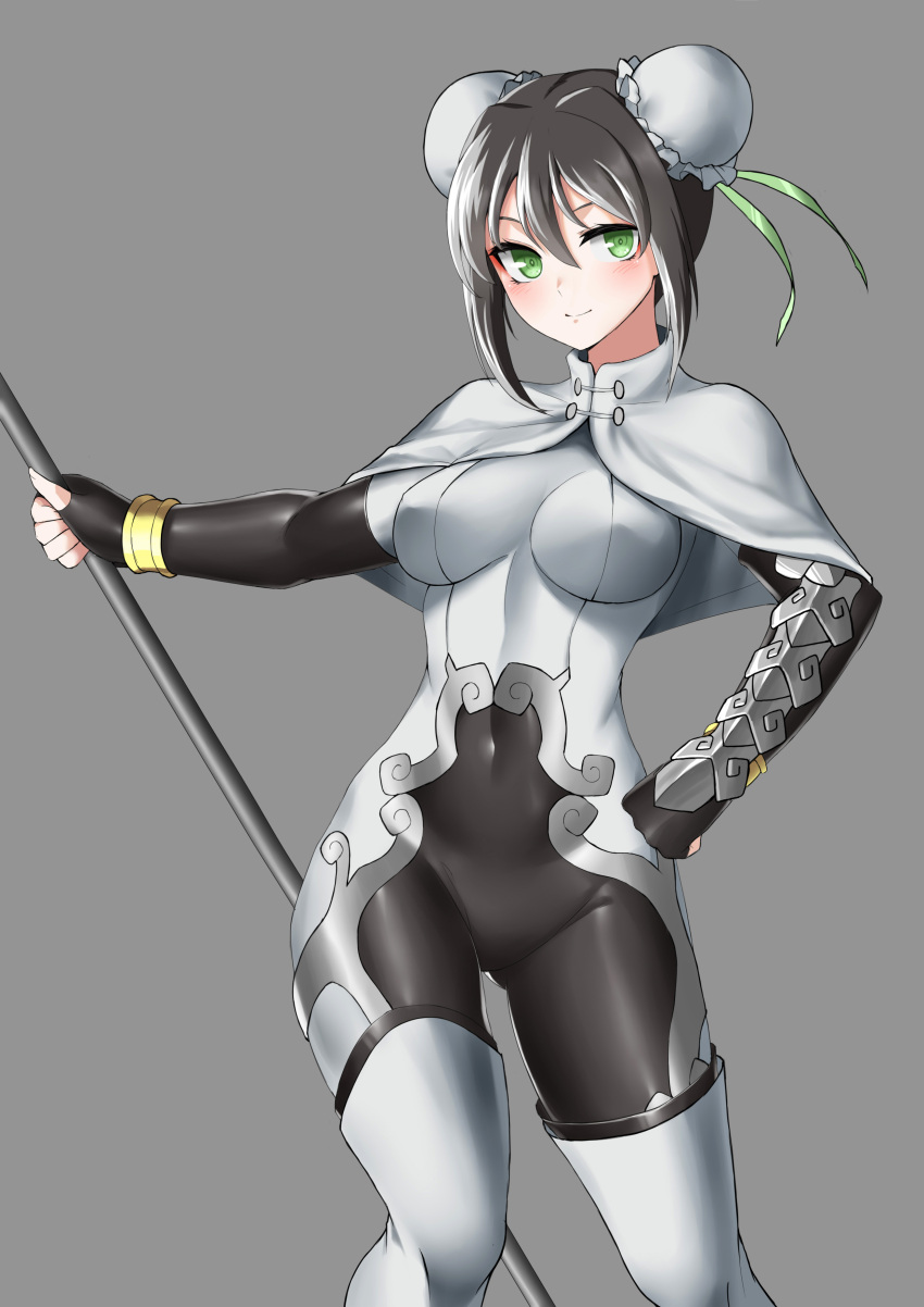 absurdres black_hair bodysuit breasts bun_cover capelet chinese_clothes covered_navel double_bun fate/grand_order fate_(series) female fingerless_gloves gloves green_eyes grey_background hair_bun highres holding holding_staff looking_at_viewer medium_breasts qin_liangyu_(fate) revision short_hair simple_background solo staff standing white_capelet z-jun.dd-zhong