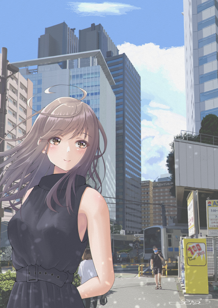 ahoge antenna_hair arms_behind_back bare_arms bare_shoulders belt black_belt black_dress blue_sky breasts brown_eyes cityscape closed_mouth cloud cloudy_sky commentary_request dress female highres light_blush light_brown_hair long_hair looking_to_the_side medium_breasts odakyu_electric_railway original outdoors real_world_location scenery sena_(illust_sena) shibuya_(tokyo) signature sky sleeveless sleeveless_dress smile solo summer tokyo_(city) upper_body yoyogi