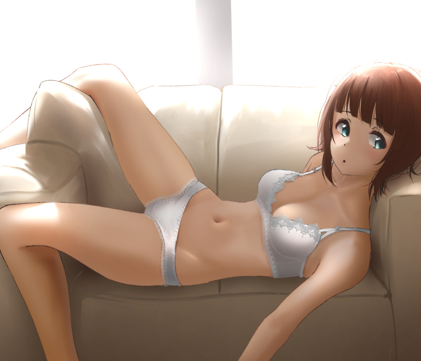 amami_haruka aqua_eyes bare_arms bare_shoulders blunt_bangs blush bra breasts brown_hair commentary commission couch female highres idolmaster idolmaster_(classic) indoors lace lace-trimmed_bra lace-trimmed_panties lace_trim looking_at_viewer lying medium_breasts navel on_back panties pixiv_commission satin satin_bra satin_panties short_hair solo tama_(tamago) underwear underwear_only white_bra white_panties