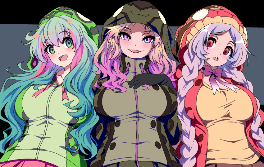 3girls :d african_rock_python_(kemono_friends) amazon_tree_boa_(kemono_friends) animal_print aqua_hair arm_behind_back arms_behind_back blonde_hair boomslang_(kemono_friends) bow bowtie braid breasts choker collarbone drawstring fangs gloves green_eyes green_hair hand_on_own_chest highres hood hood_up hooded_jacket jacket kemono_friends large_breasts long_hair long_sleeves looking_at_viewer mamiyama multicolored_hair multiple_girls open_clothes open_jacket open_mouth print_jacket purple_eyes purple_hair raised_eyebrow red_eyes red_hair shirt side-by-side skirt slit_pupils smile snake_print twin_braids upper_body very_long_hair