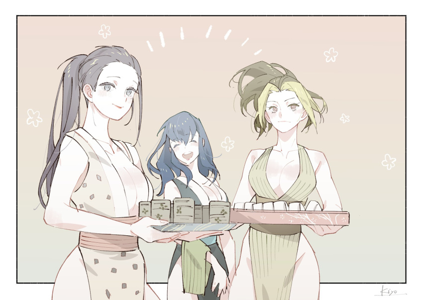 3girls ^^^ ^_^ black_hair blue_background blue_eyes blue_hair blush border breasts brown_eyes brown_hair cleavage closed_eyes closed_mouth commentary cowboy_shot cup floating_hair flower food gradient_background green_hair groin hair_between_eyes hair_pulled_back highres hinatsuru_(kimetsu_no_yaiba) holding holding_tray japanese_clothes kimetsu_no_yaiba kimono kiyono_(_kiyotsugu) large_breasts lips lipstick long_hair looking_at_viewer makeup makio_(kimetsu_no_yaiba) medium_hair mole mole_under_eye multicolored_hair multiple_girls no_panties obi open_mouth outside_border pink_background ponytail sash signature simple_background sleeveless sleeveless_kimono smile suma_(kimetsu_no_yaiba) teacup thighs tray two-tone_background two-tone_hair