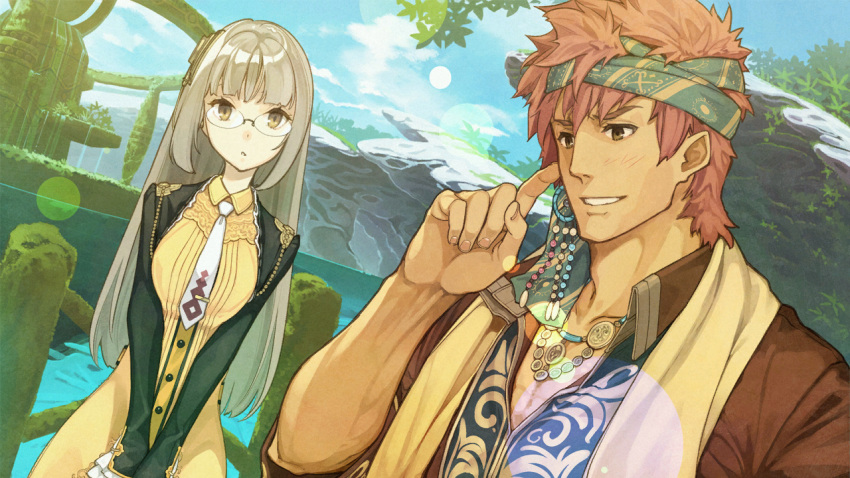 1boy atelier_(series) atelier_shallie black_jacket blush brown_coat brown_eyes brown_hair coat dress dutch_angle female glasses head_scarf hidari_(left_side) jacket jewelry linca_(atelier) linca_(seventh)_(atelier) long_hair messy_hair necklace necktie official_art outdoors raoul_pireit red_hair scarf tan upper_body v_arms water white_necktie yellow_dress