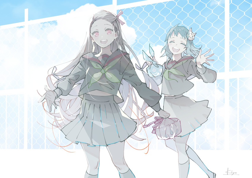 2girls :d ^_^ alternate_costume bento black_hair black_legwear black_shirt black_skirt blue_sky breasts chain-link_fence closed_eyes cloud cloudy_sky commentary cowboy_shot day eyelashes fence fox_mask green_neckwear hair_ribbon highres holding kamado_nezuko kimetsu_gakuen kimetsu_no_yaiba kiyono_(_kiyotsugu) kneehighs long_hair looking_at_viewer makomo_(kimetsu) mask mask_on_head midriff_peek miniskirt multiple_girls open_mouth outdoors outstretched_hand pink_eyes pleated_skirt ribbon rooftop sailor_collar school_uniform serafuku shirt short_hair signature skirt sky small_breasts smile socks straight_hair swept_bangs thighs waving