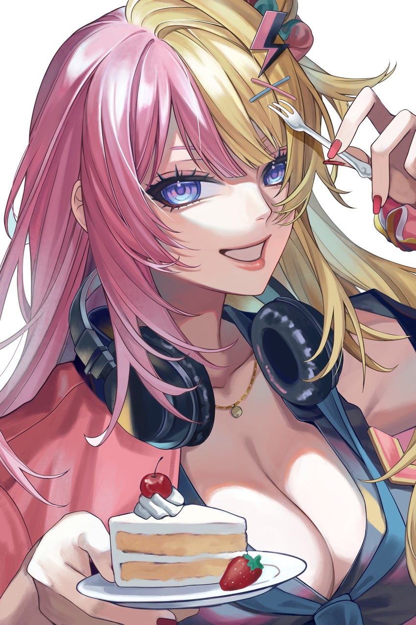 blonde_hair blue_eyes blue_necktie breasts cake cleavage eyeshadow female food fork hair_bun hair_ornament headphones headphones_around_neck highres holding holding_fork jacket jewelry kotoka_torahime long_hair makeup multicolored_hair nanayoshi necklace necktie nijisanji nijisanji_en pink_eyeshadow pink_hair pink_jacket pink_lips pink_nails simple_background smile solo strawberry_shortcake two-tone_hair virtual_youtuber white_background x_hair_ornament