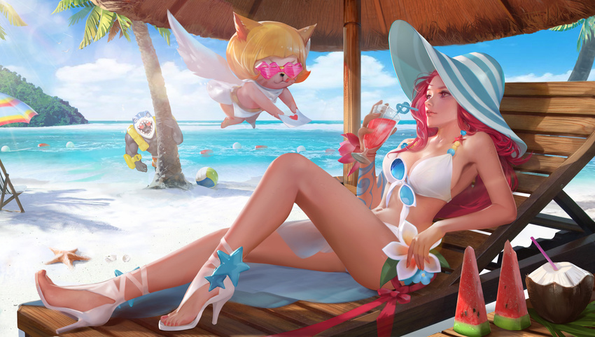 1boy angel_wings animal_ears ball beach beach_umbrella beachball beads bikini boots breasts brown_eyes chair chinese_commentary coconut commentary_request crazy_straw cup day deck_chair drink drinking_glass drinking_straw eyewear_hang female flower foam food fruit fruit_cup hat heart heart_straw high_heel_boots high_heels letter lily_(flower) long_hair looking_at_another lounge_chair md5_mismatch medium_breasts navel outdoors photoshop_(medium) reclining red_hair sand sandals starfish sunglasses swimsuit tattoo tree tropical_drink umbrella unworn_eyewear volleyball volleyball_(object) water watermelon white_bikini wings yueyue