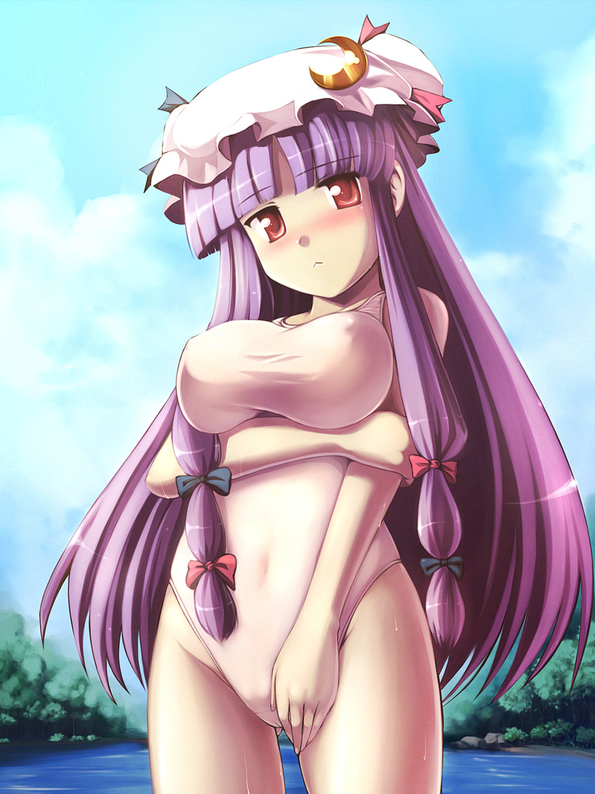 :< blush breast_hold breasts commentary_request crescent crescent_hat_ornament crossed_arms female hat hat_ornament highres long_hair one-piece_swimsuit patchouli_knowledge purple_eyes purple_hair solo swimsuit tdk touhou water