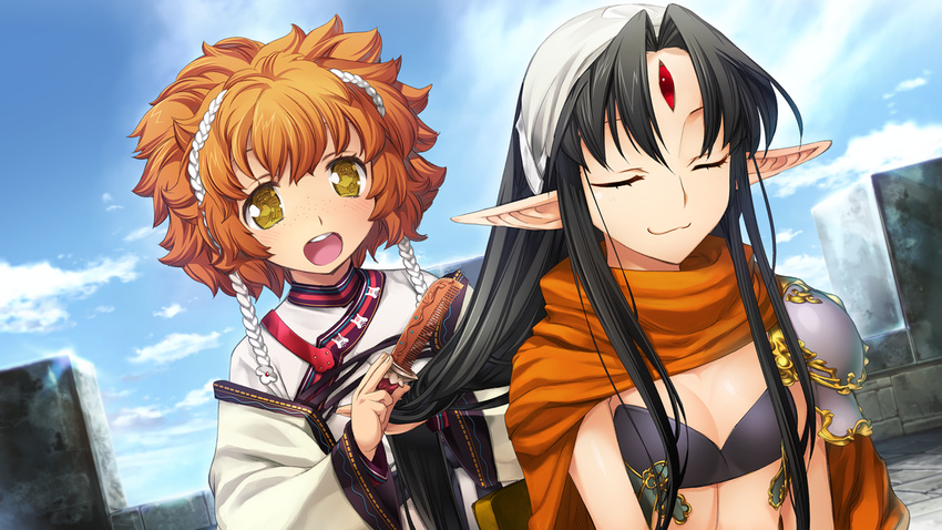 2girls blush breasts brushing_another's_hair brushing_hair closed_eyes comb freckles game_cg hair_brush hands_in_hair holding holding_another's_hair hunty_kalar kalar_(race) long_hair multiple_girls open_mouth orange_hair orion_(orionproject) paerina pointy_ears rance_(series) rance_ix small_breasts smile yellow_eyes