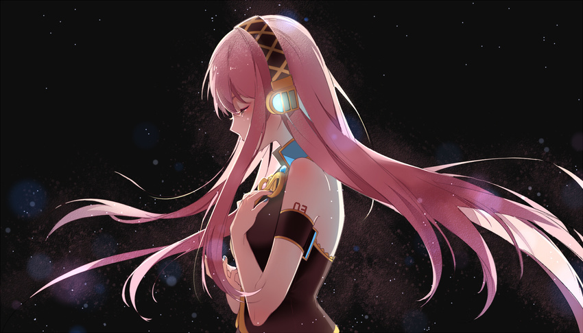 bare_shoulders black_background blue_nails commentary crying female glowing hand_on_own_chest headphones highres long_hair luka_luka_night_fever_(vocaloid) megurine_luka nail_polish pink_hair profile samfree_("night"_songs) sano_takayuki_(samfree) satonishi solo tears upper_body very_long_hair vocaloid