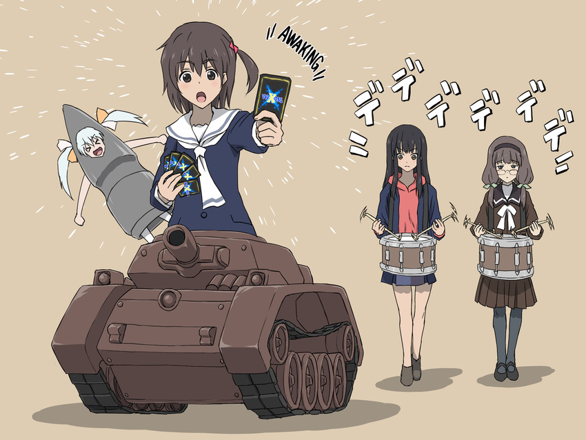 >< black_hair brown_eyes brown_hair card drum english fantasista_doll fantasista_dolls hairband highres iga_tomoteru instrument jacket kominato_ruuko kurebayashi_yuzuki long_hair military_vehicle missile parody school_unfirom school_uniform selector_infected_wixoss tama_(selector_infected_wixoss) tama_(wixoss) tank uemura_hitoe wixoss