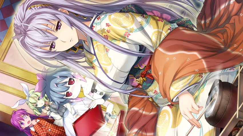 4girls antenna_hair blue_hair dutch_angle game_cg green_hair japanese_clothes kentou_kanami kimono long_hair multicolored_hair multiple_girls orion_(orionproject) pigu_geliciam purple_eyes purple_hair rance_(series) rance_ix red_eyes senhime tillday_shape