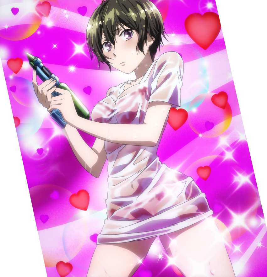 bokura_wa_minna_kawaisou bra clothed_navel female highres kawai_ritsu looking_at_viewer purple_eyes screencap see-through short_hair underwear water_gun wet wet_clothes